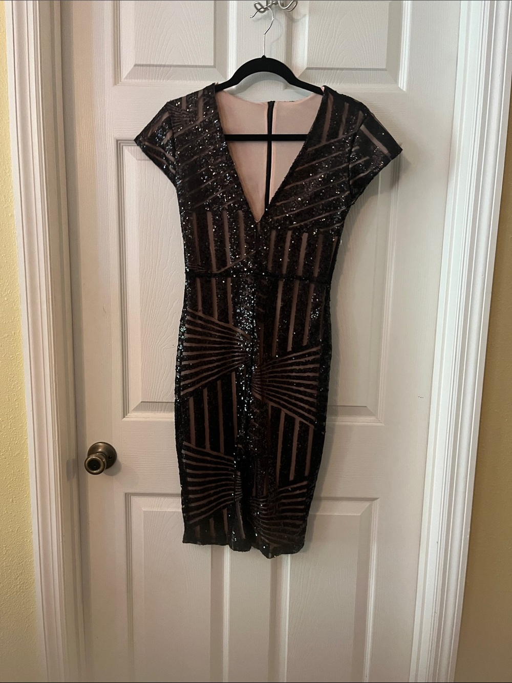 Black Sequin V-Neck Cap Sleeve Dress